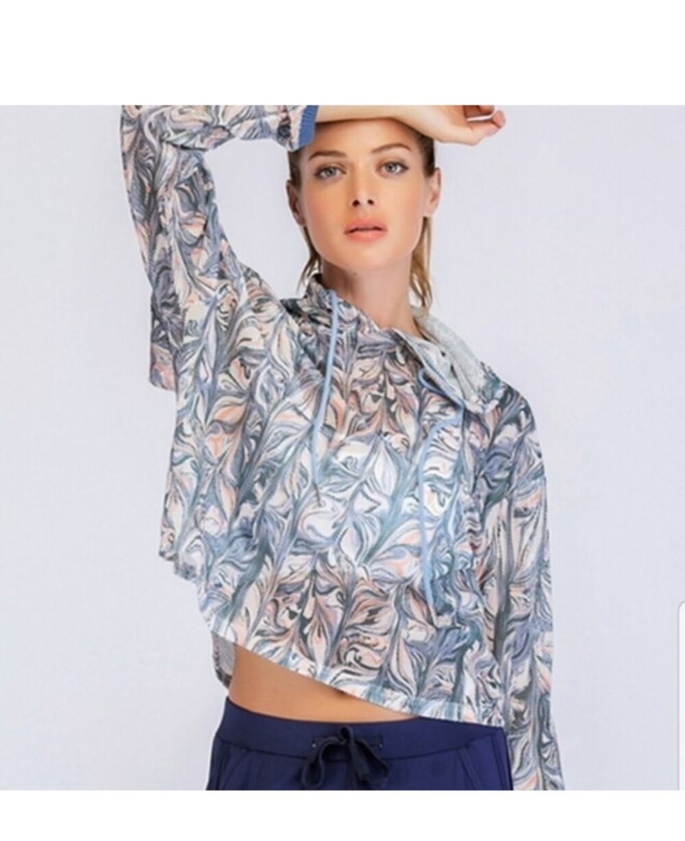 The Free Yoga Stretch Mesh Long Sleeve Cropped Hoodie w/ Cut Outs - Marble Print